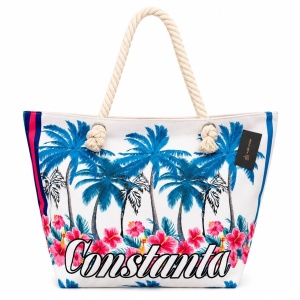 Geantă de Plajă Constanța cu Palmieri – Tote Tropicală Spațioasă cu Mânere din Sfoară