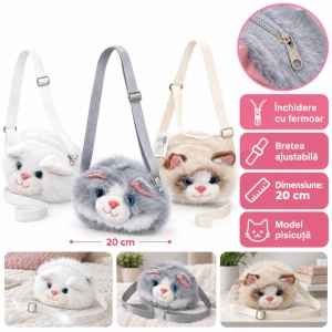 Gentuță de umăr pentru copii, model pisicuță, blăniță plușată, fermoar, 20 cm - Img 6