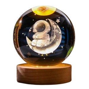 Glob Cristal 3D Astronaut pe Luna cu LED, 10 cm, Baza Lemn, Decor Cosmic - Img 2