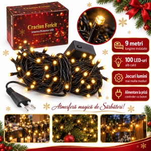 Instalație de Crăciun liniară cu 100 LED-uri alb cald, 9 m, fir negru