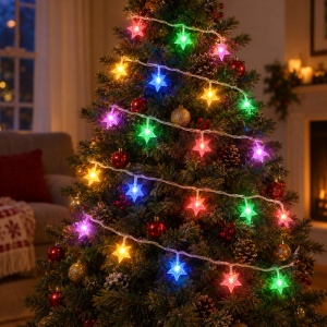 Instalație LED tip liniar, 4 m, 20 LED-uri in forma de stea, multicoloră, fir alb, interconectabilă - Img 3