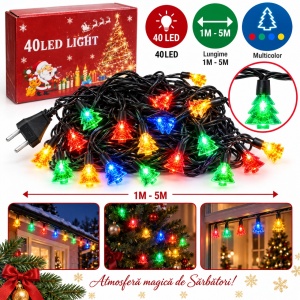 Instalatie LED tip liniar, 40LED, 6M, multicolor, fir negru, LED in forma de brad