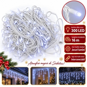 Instalatie LED tip Turturi, 300 LED-uri, 16 m, Alb Rece, Fir Alb, Interconectabila