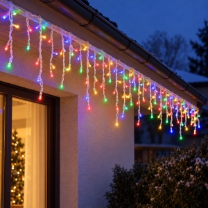 Instalatie luminoasa de Craciun tip turturi, 300 LED, multicolor, 13m, fir alb - Img 3