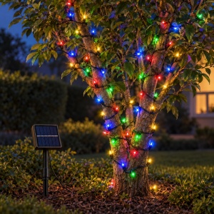 Instalație solară de Crăciun tip liniar, 100 LED-uri diamant multicolore, fir negru, 12 m - Img 4