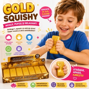 Jucărie Antistres Squishy Lingou de Aur 13 cm, Moale și Elastică, Design Gold Bar, Relaxare și Distracție
