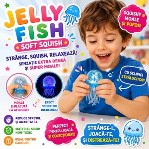 Jucărie Antistres Squishy Meduză cu Sclipici , 7 cm, Culoare Aleatorie, Moale și Elastică
