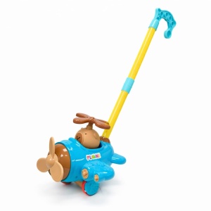 Jucarie de impins avion cu animalut, elice rotativa, multicolor, maner ergonomic