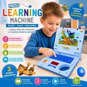 Laptop Educațional Interactiv pentru Copii 3+ Albastru – Muzică, Lumini, Mouse și Jocuri Educative