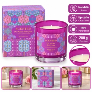Lumânare parfumată în pahar de sticlă mov, aromă trandafir, in cutie cadou, 13 × 9 cm