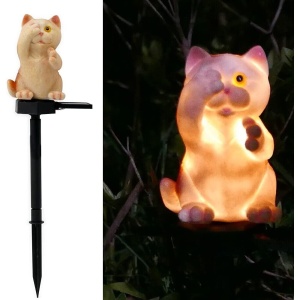 Lumină Solară Decorativă în Formă de Pisică, Polirășină, 15 cm, Crem