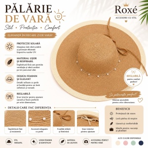 Pălărie Damă de Vară Maro-Bej cu Bor Lat și Perle – Reglabilă, Elegantă, Protecție UV - Img 2