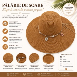 Pălărie de Soare Damă Maro cu Bor Lat și Accesorii Boho - Img 2