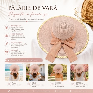 Pălărie de Soare Damă Roz Pudrat cu Fundă Elegantă și Bor Lat - Img 2