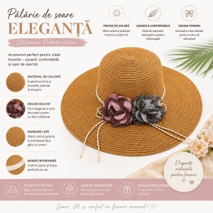 Palarie de Soare pentru Dama Maro Caramel cu Boruri Largi si Flori Decorative - Img 2