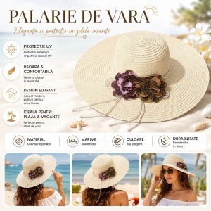 Palarie de Vara Bej pentru Femei cu Aplicatii Florale Elegante si Bor Larg - Img 2