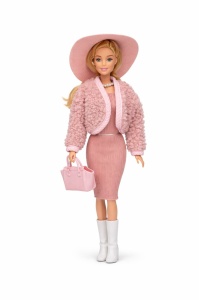 Papusa fashion cu accesorii, tinuta eleganta, palarie si geanta, roz deschis, 32.5 cm