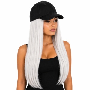 Peruca lunga 50 cm cu sapca neagra, par alb rece drept - Img 2