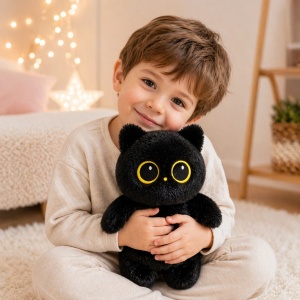 Pisicuta de plus neagra 25cm, jucarie pufoasa cu ochi mari galbeni - Img 2