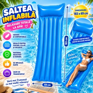 Saltea Gonflabilă Albastră pentru Plajă și Piscină, 183 x 69 cm - Img 3
