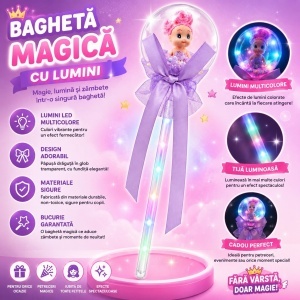 Set 10 baghete magice cu lumini LED mov si papusica in glob pentru copii