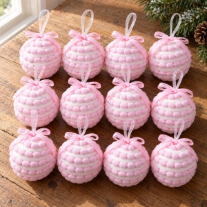 Set 12 globuri de Craciun textile, roz cu alb, cu snur pentru agatat, 34x24x7cm - Img 4