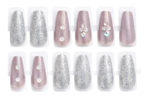 Set 12 perechi unghii false Press-On cu glitter si cristale decorative - Img 3