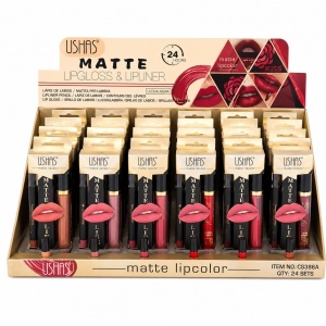 Set 24 Kit-uri Buze USHAS Matte Lipcolor & Lipliner 2 în 1 – Ruj Lichid Mat și Creion de Buze