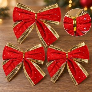 Set 3 buc Fundițe de Crăciun, catifea roșie cu auriu și paiete argintii, ambalaj aprox. 28×13 cm - Img 13