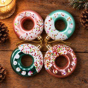 Set 4 globuri decorative de Craciun, rose-gold si verde, cu sclipici,14x14x3cm - Img 3