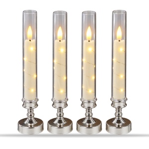 Set 4 lumânări LED cu efect de flacără, suport argintiu, plastic, 29 x 6,5 cm - Img 2