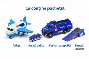 Set avion transport cu camion politie si rampa lansare, jucarie copii - Img 3