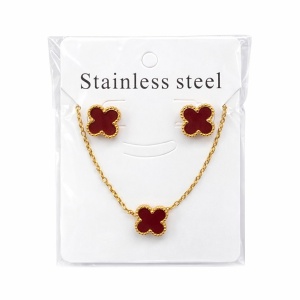 Set bijuterii Roxé auriu cu trifoi bordo, colier si cercei eleganti