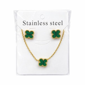 Set bijuterii Roxé auriu cu trifoi verde, colier si cercei eleganti