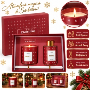 Set cadou cu lumânare din ceară și odorizant cu bețișoare, parfum fructe de pădure, roșu, 23×18 cm