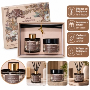 Set cadou lumânare parfumată și difuzor cu bețișoare, parfum cedru și santal, 20 × 14 cm