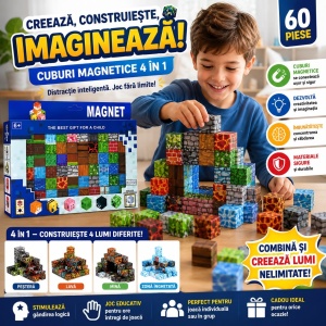 Set Cuburi Magnetice 60 Piese, Joc de Construcție Magnetic cu Blocuri Pixelate, Dezvoltă Creativitatea