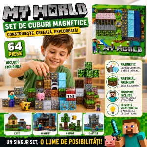 Set Cuburi Magnetice de Construcție, 64 Piese cu Figurine, Joc Educativ și Creativ pentru Copii
