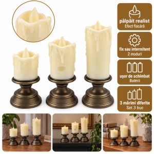 Set de 3 lumânări decorative LED cu efect de flacără realist, din plastic, dimensiuni diferite