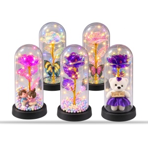 Set de 5 Cupole cu trandafir artificial și lumini LED, modele aleatorii , din plastic - Img 3