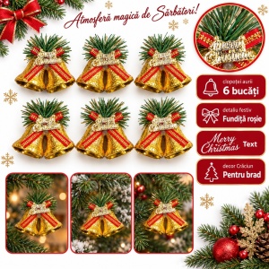 Set de 6 bucăți clopoței dubli de Crăciun aurii, fundiță roșie, ambalaj 20x15 cm