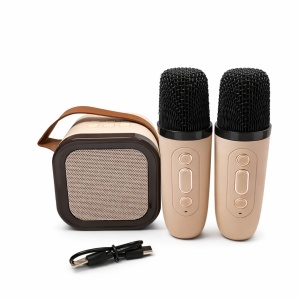 Set karaoke portabil cu 2 microfoane wireless si boxa Bluetooth, model K12, bej