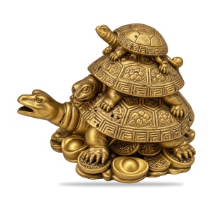 Statuetă Feng Shui cu 3 broaște țestoase pe monede, rășină aurie, aprox. 11 × 7,5 cm - Img 2