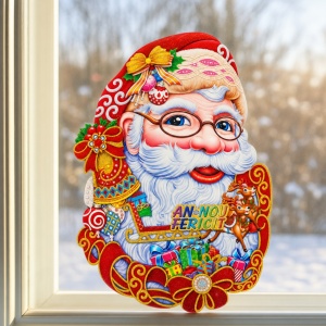 Sticker decorativ Craciun cu Mos Craciun, model colorat cu glitter, pentru geam, 67x50cm - Img 3