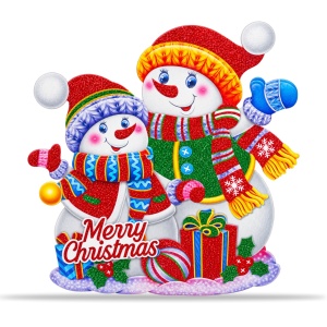 Sticker decorativ Craciun cu oameni de zapada, pentru geam, cu sclipici, 48x42cm