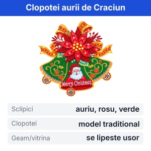 Sticker decorativ de Craciun cu clopotei aurii, pentru geam sau vitrina, 40x36,5cm - Img 2