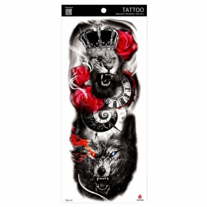 Tatuaj Semipermanent cu Leu Încoronat, Lup și Trandafiri Roșii – 45 cm