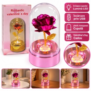 Trandafir Decorativ Mov in Cupola cu lumini LED, cu tulpina aurie, 15,5 cm