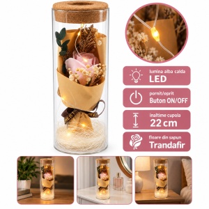 Trandafir roz de săpun în cupolă de sticlă cu lumini LED, buton ON/OFF, 25 cm