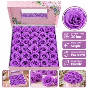 Trandafiri artificiali cu sclipici, set 30 de bucăți, mov deschis, plastic, cutie cadou, 8cm